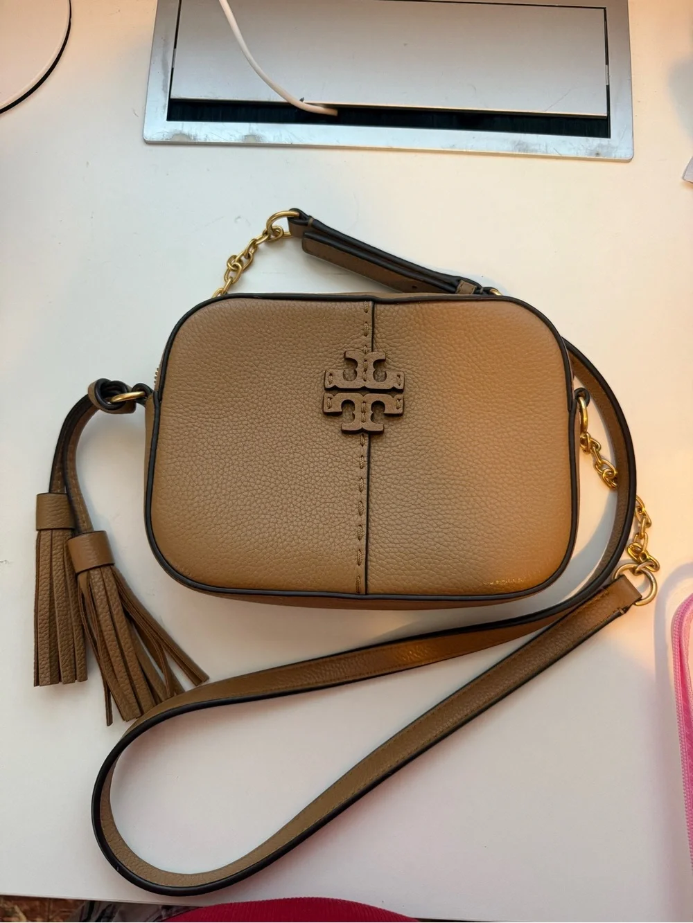 Tory Burch Small Camera Crossbody in Tan with Tassel - Picture 4 of 4